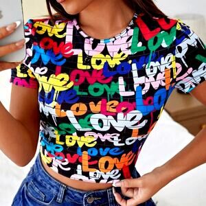 Coolane Plus Letter Graphic Love Short Sleeve Crop Tee Multiple Sizes